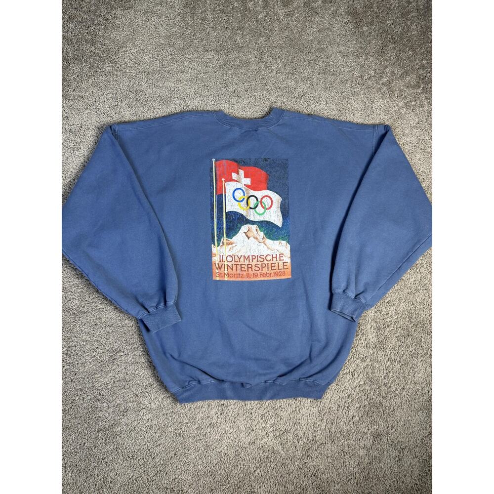 Vintage 2nd Winter Olympics Sweatshirt Mens XL Saint Morris 1928 Poster Blue